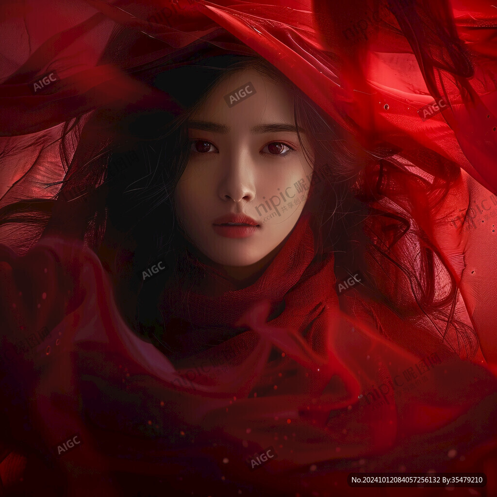披着红纱巾的女子