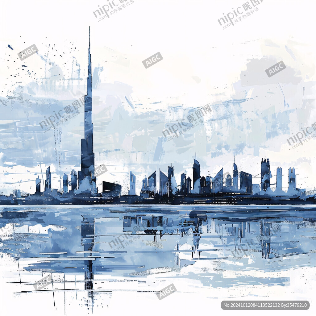 手绘迪拜水彩水墨建筑