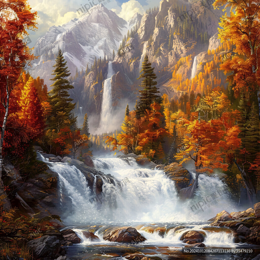 山水风景油画瀑布
