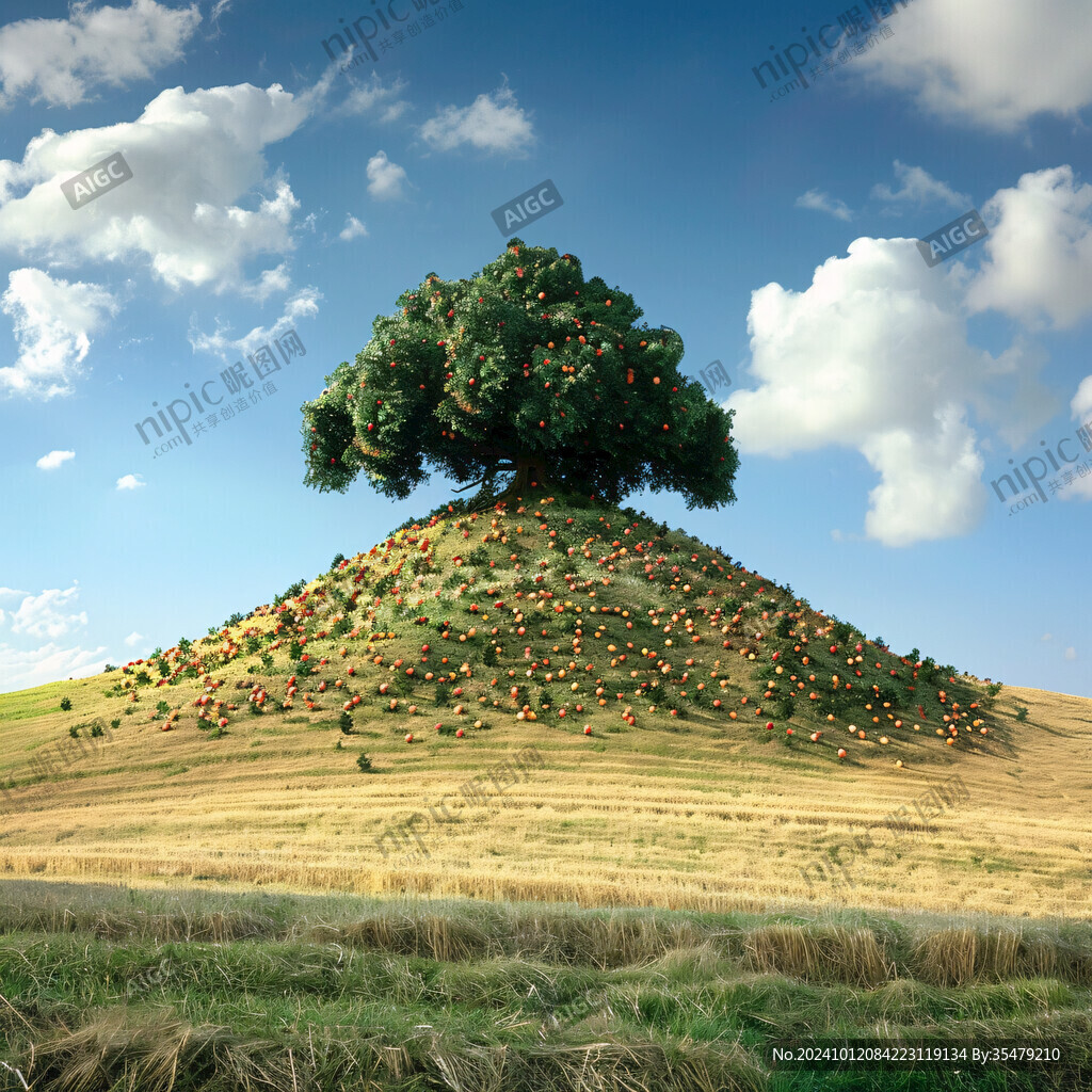 夏日麦田柿子树