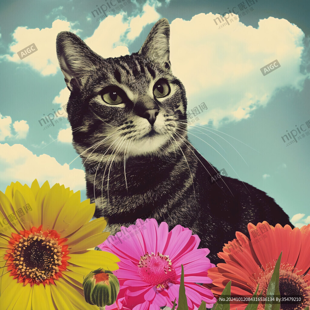 花丛边的猫咪插画
