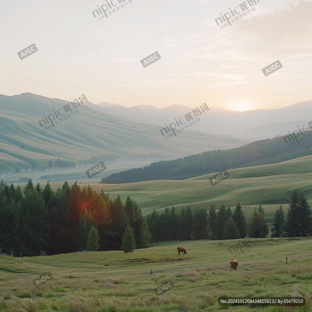 山地丘陵草场夕阳