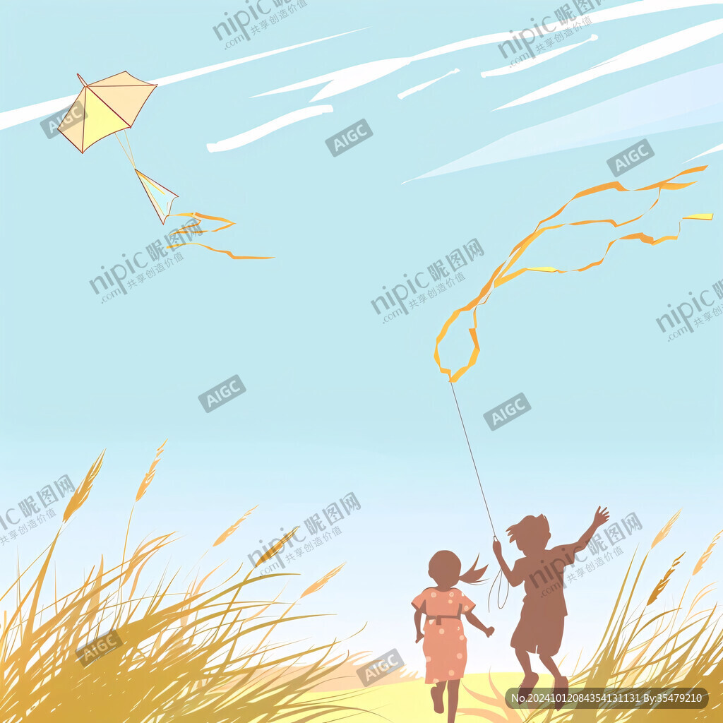 小孩子户外放风筝插画