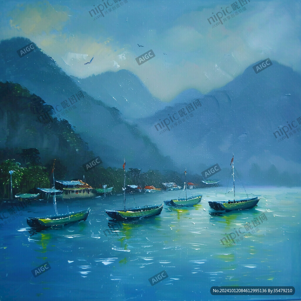 山峰渔船群山油画壁画