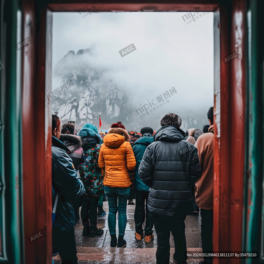古建筑下雪天游人