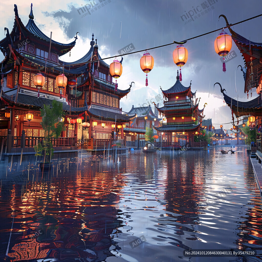 中式古代建筑雨景