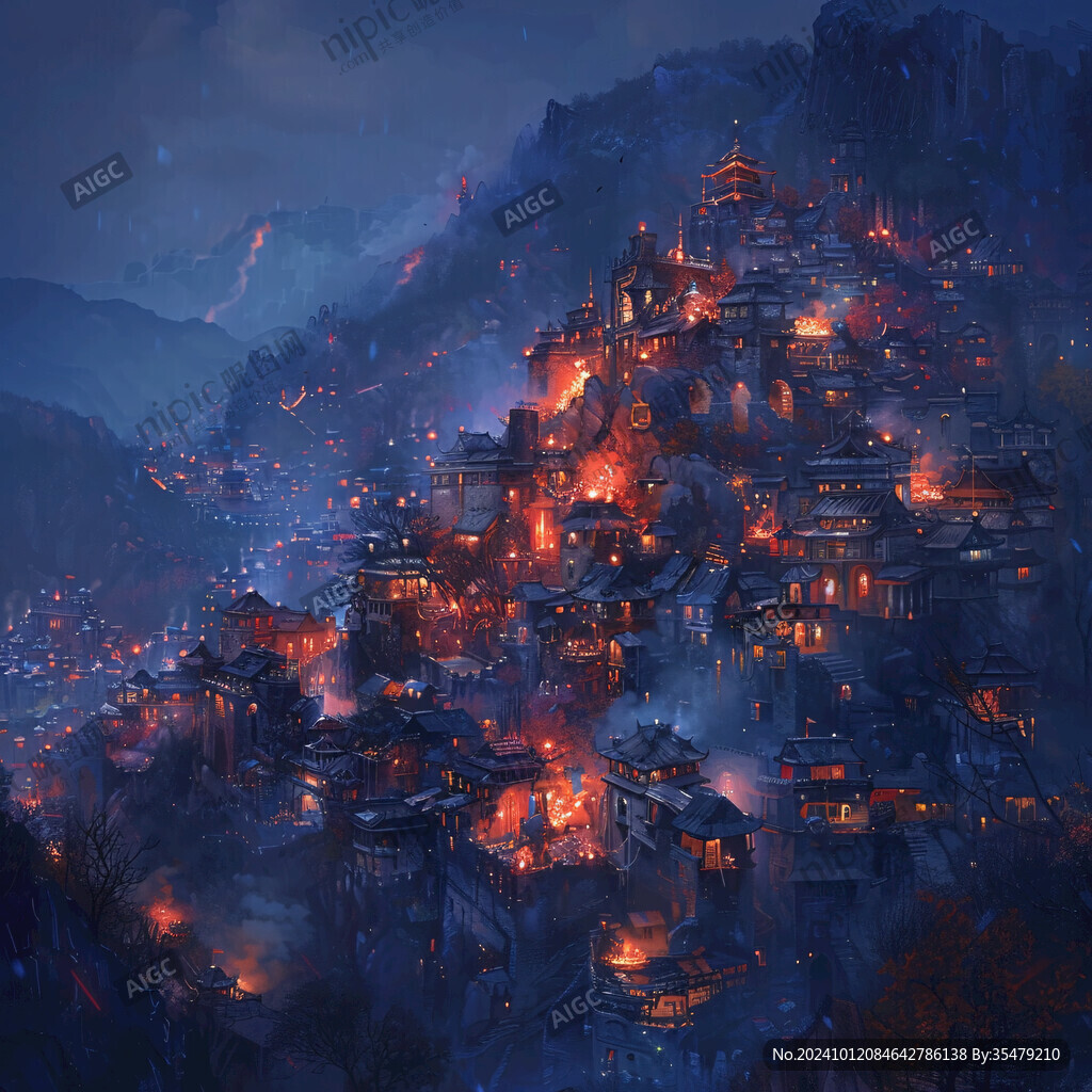 玄幻古镇夜景
