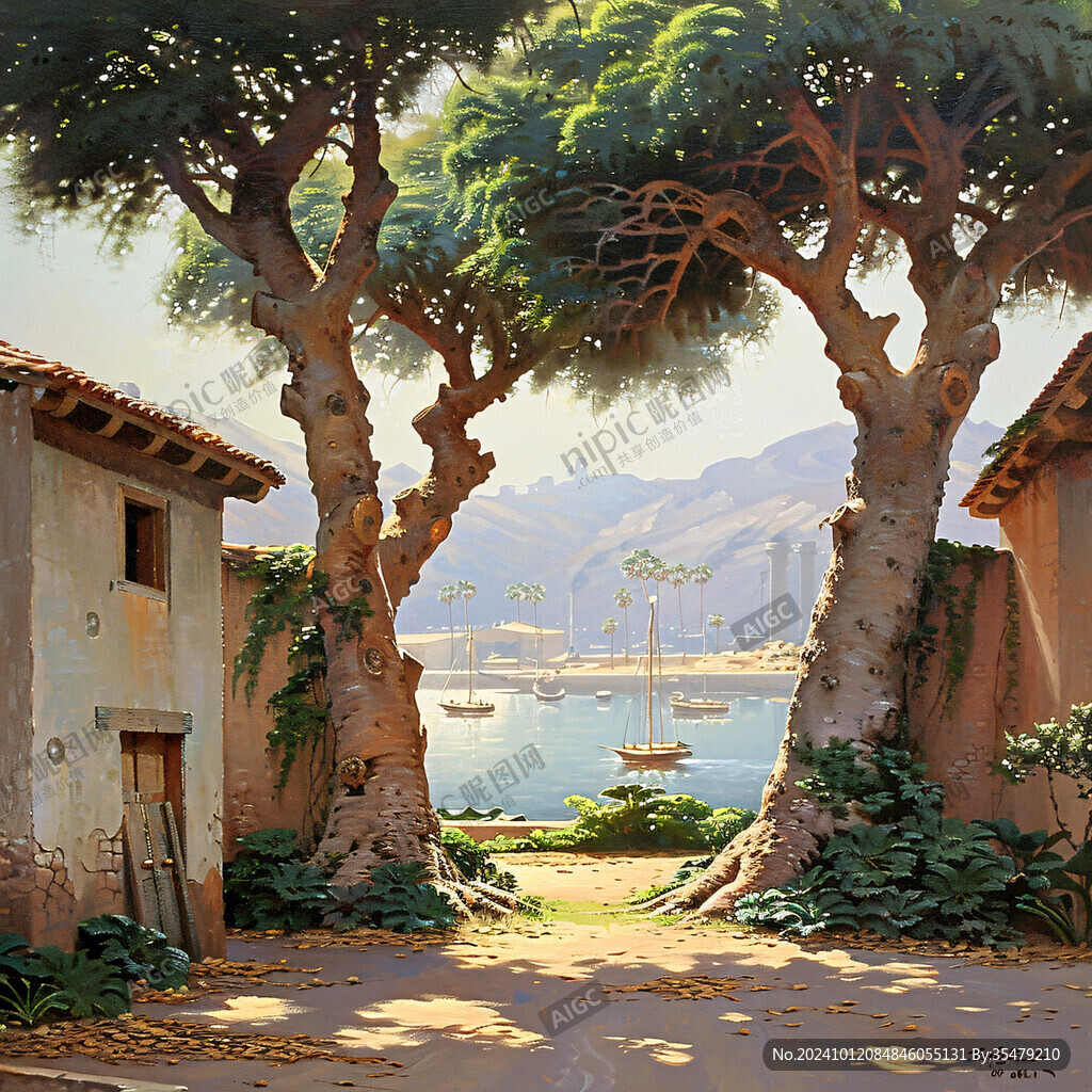 海边小村油画素材
