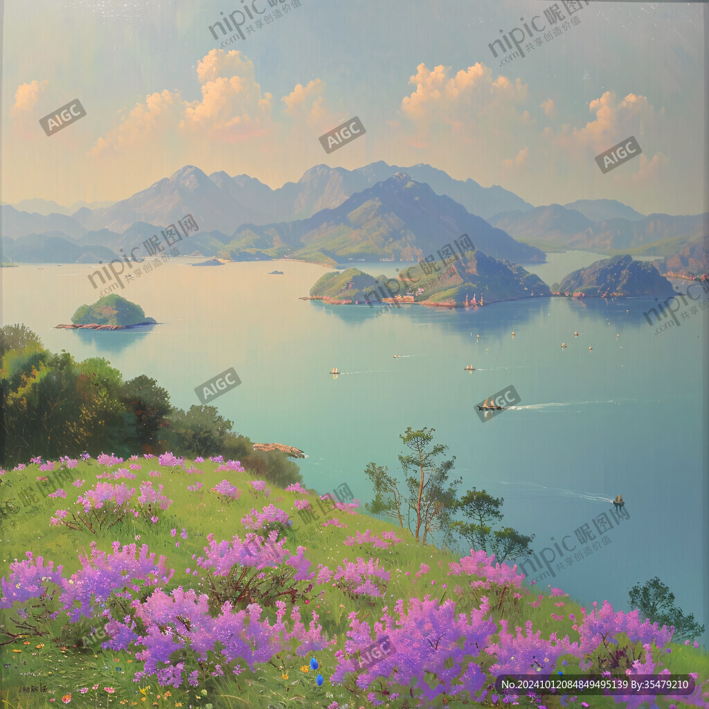 彩铅浪漫紫色国画山水