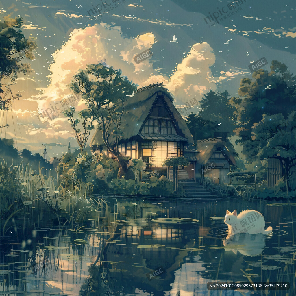 插画夜景湖泊