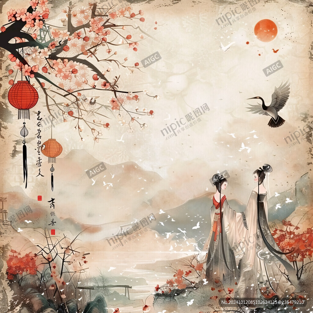 凤求凰水彩意境插画