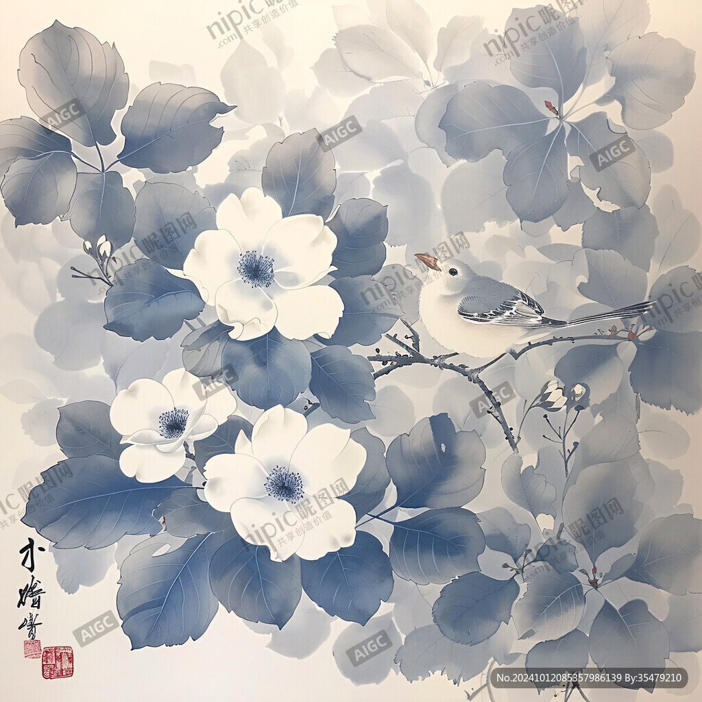 工笔画蓝雪花
