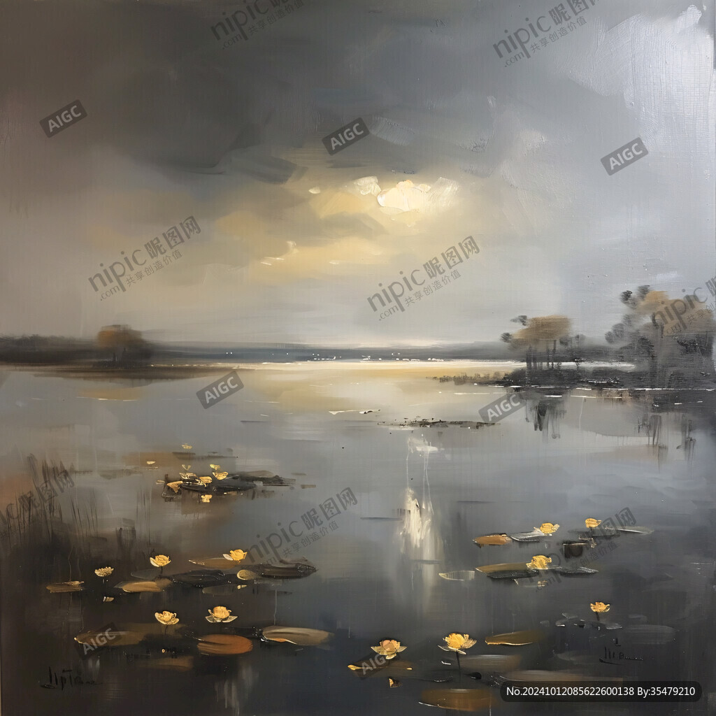 黄昏湖边油画