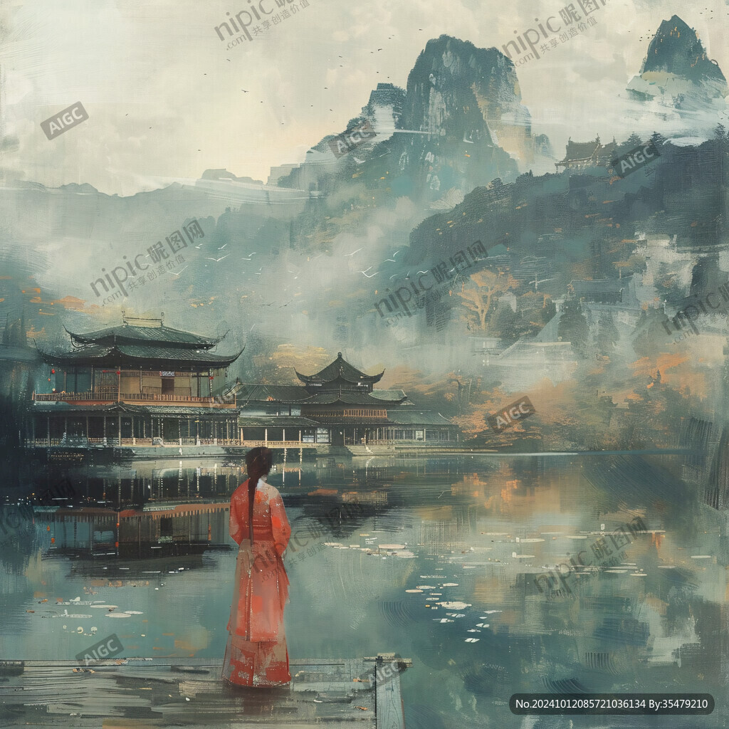 插画横店水彩水墨山水