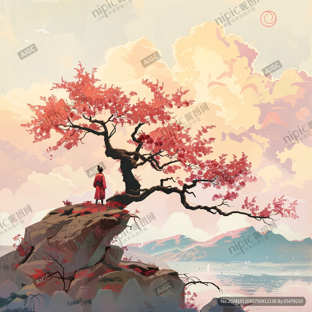 古风柿子山水插画
