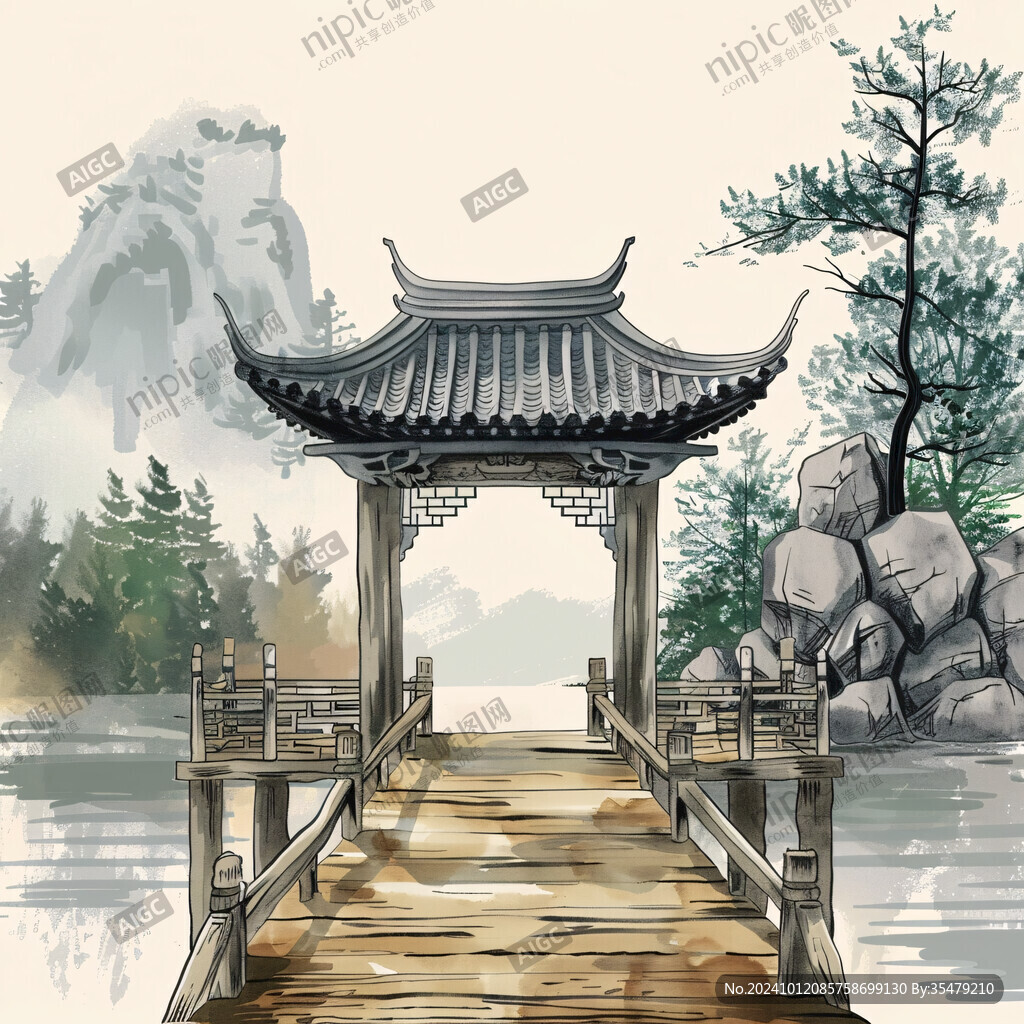 古风柳叶亭子桥梁插画