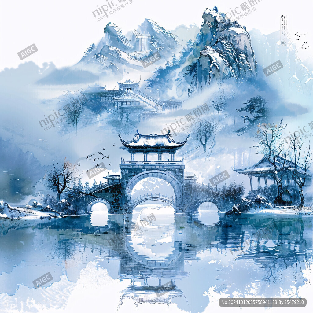 水墨江南亭台楼阁古桥