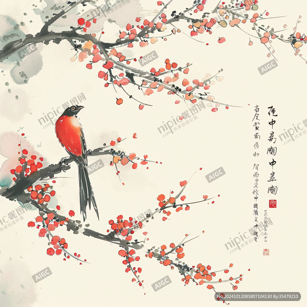 手绘红梅花鸟
