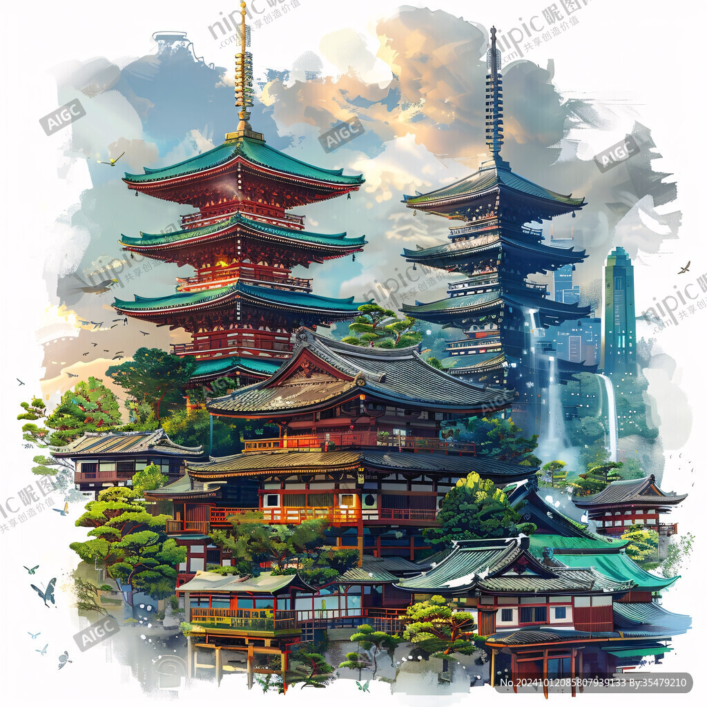 楼阁仙景插画