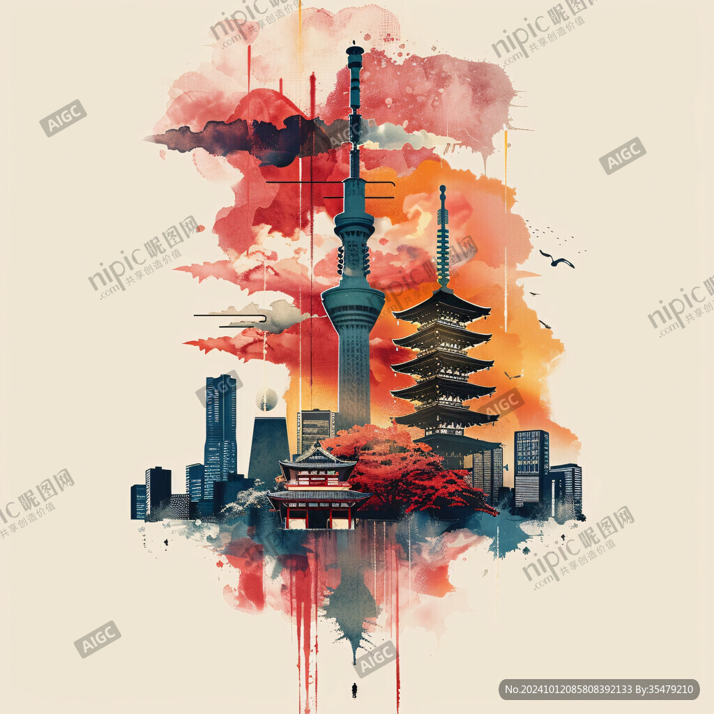 水墨水彩禅意城市