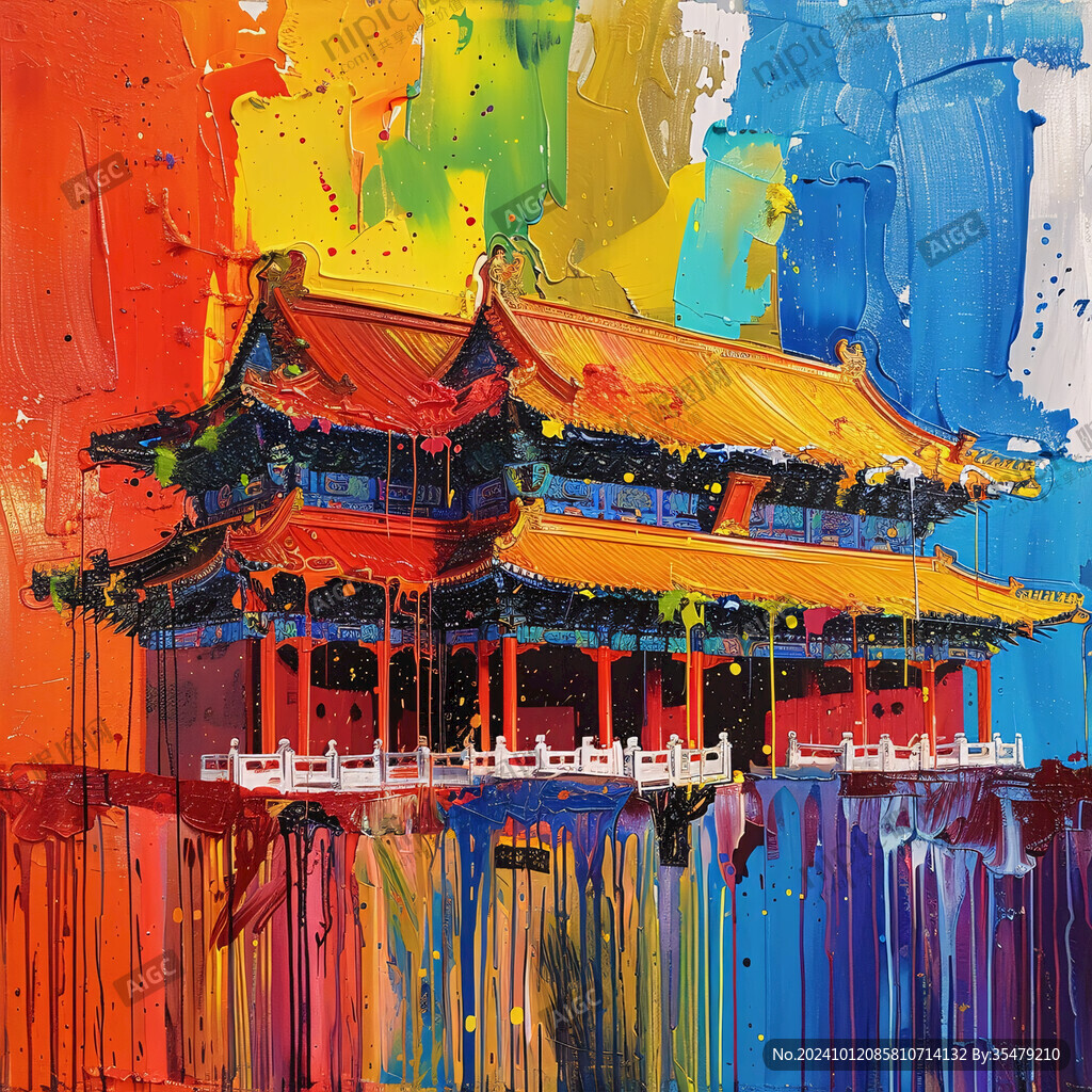 中式建筑风景油画
