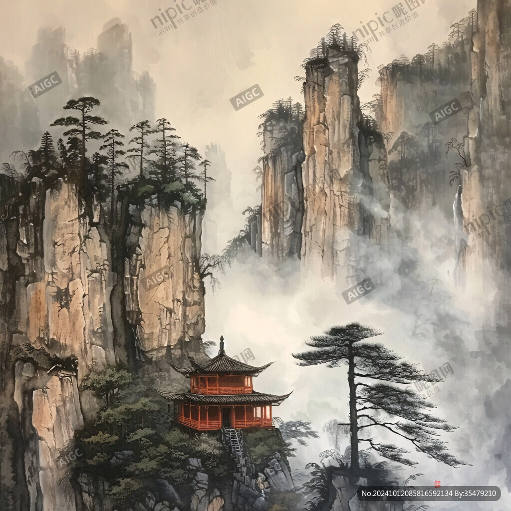 迎客松油画