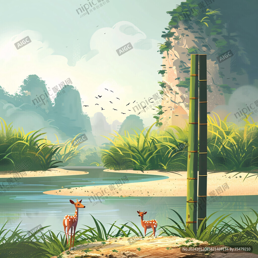 山水竹林插画