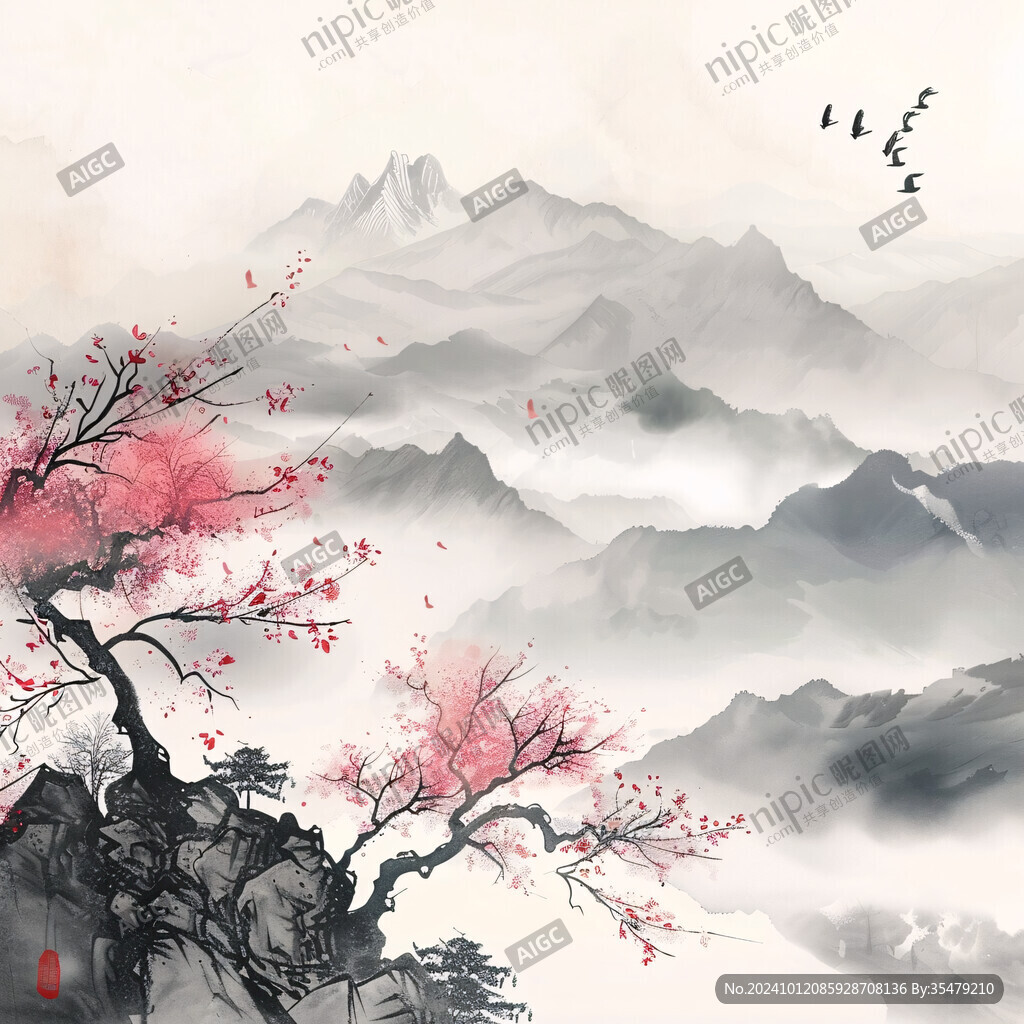 水墨山水梅花装饰画