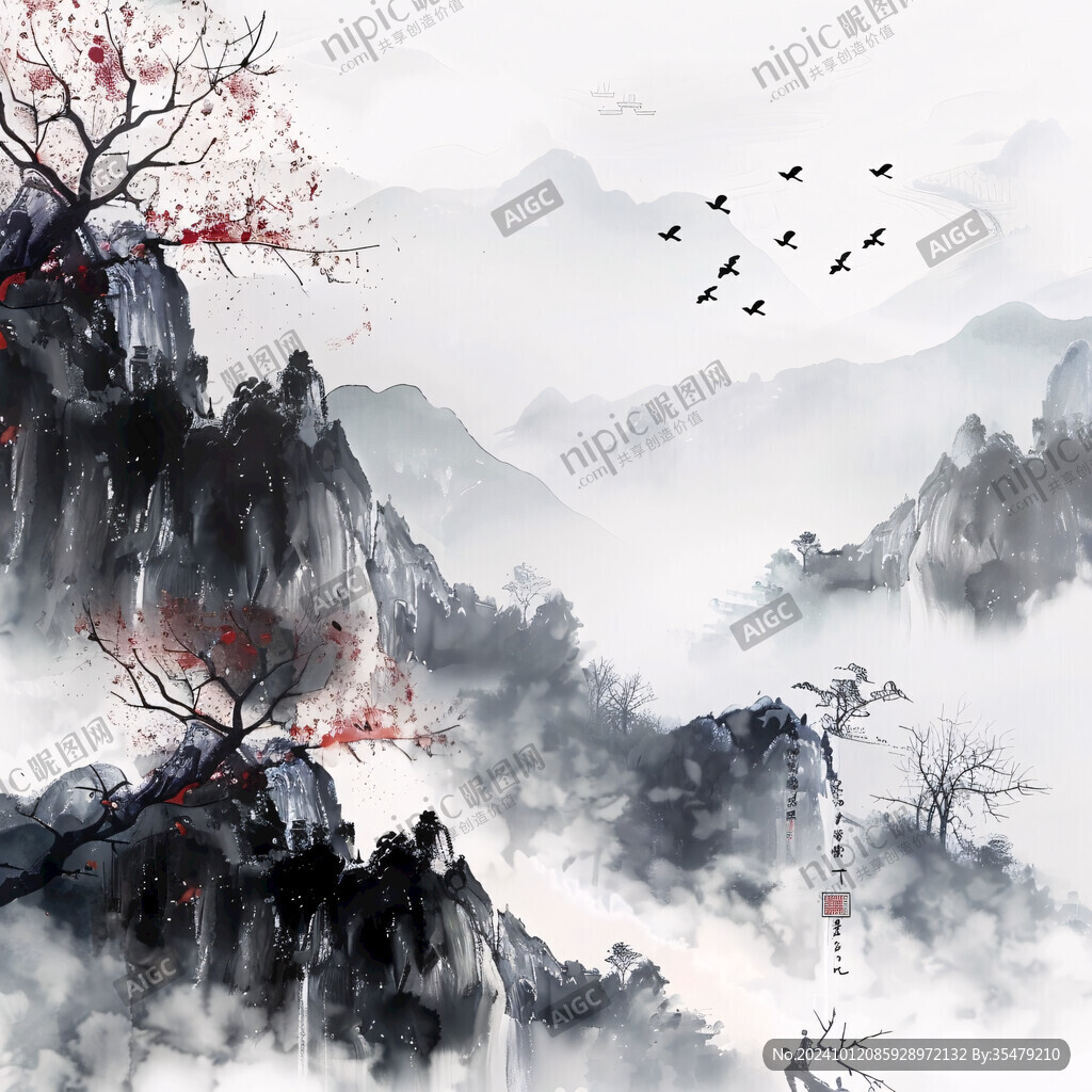 意境山景水墨树枝