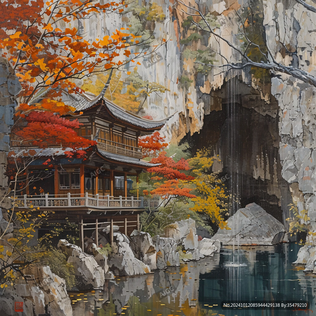古风亭台楼阁油画