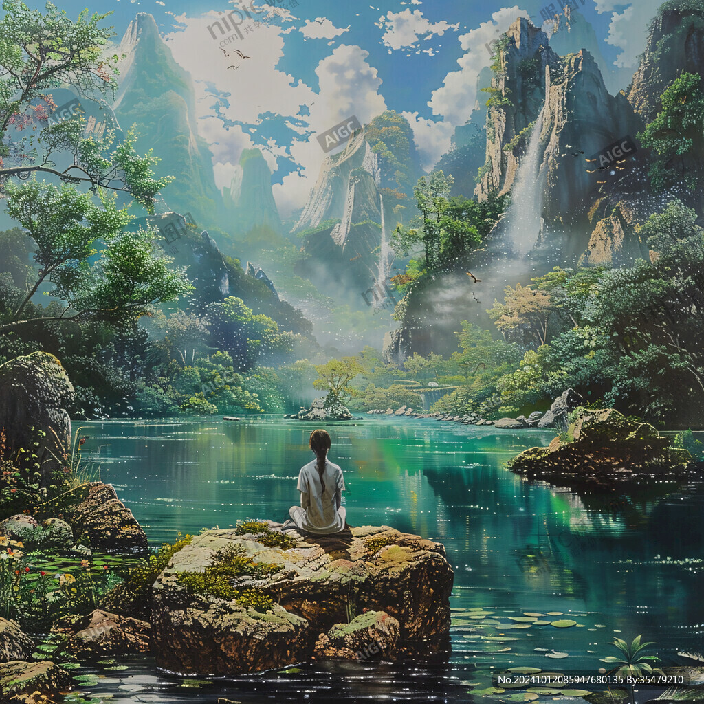 静坐打坐水墨山水