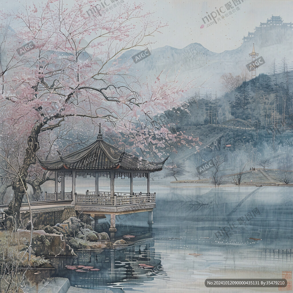 古风亭台楼阁油画