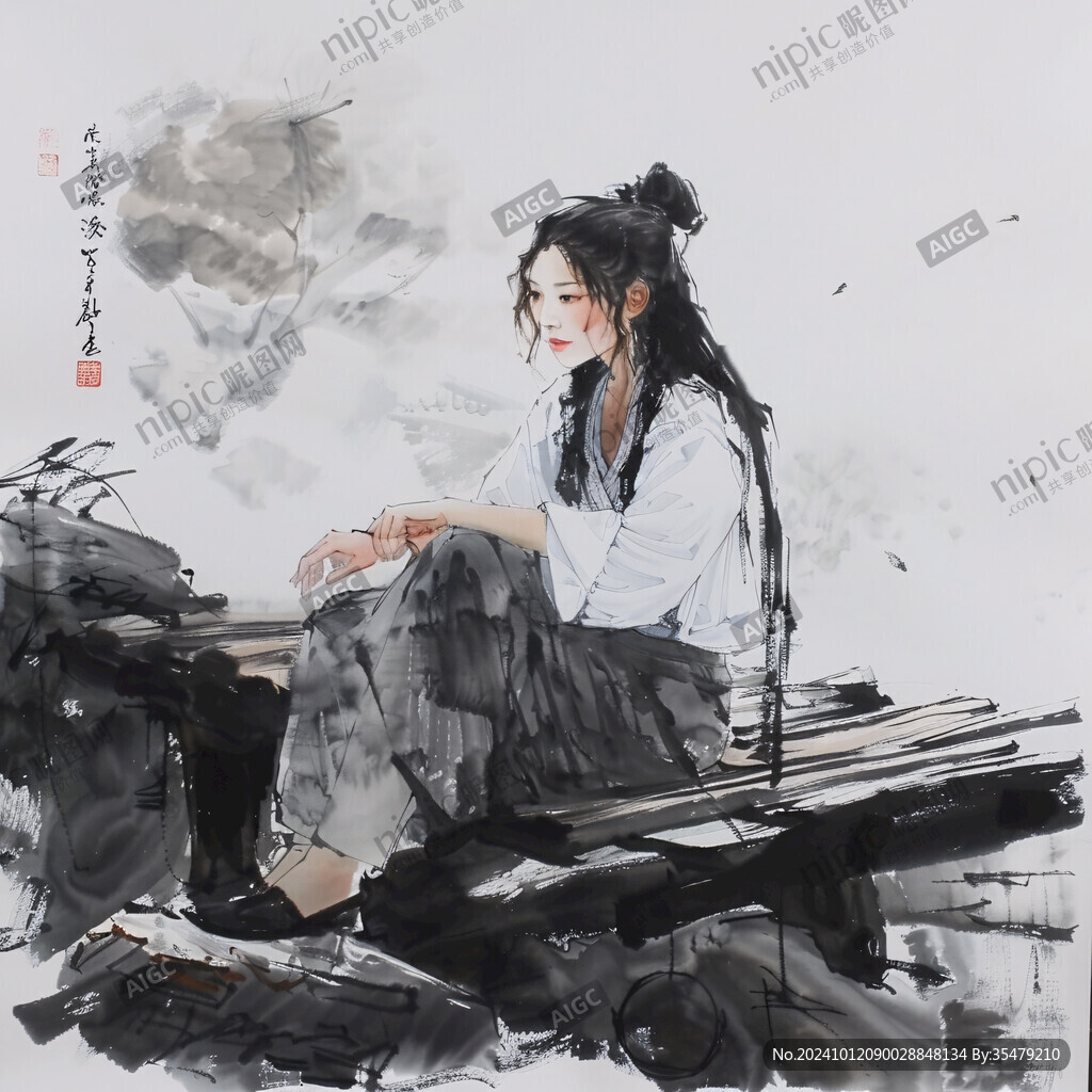 古装美女水彩国画