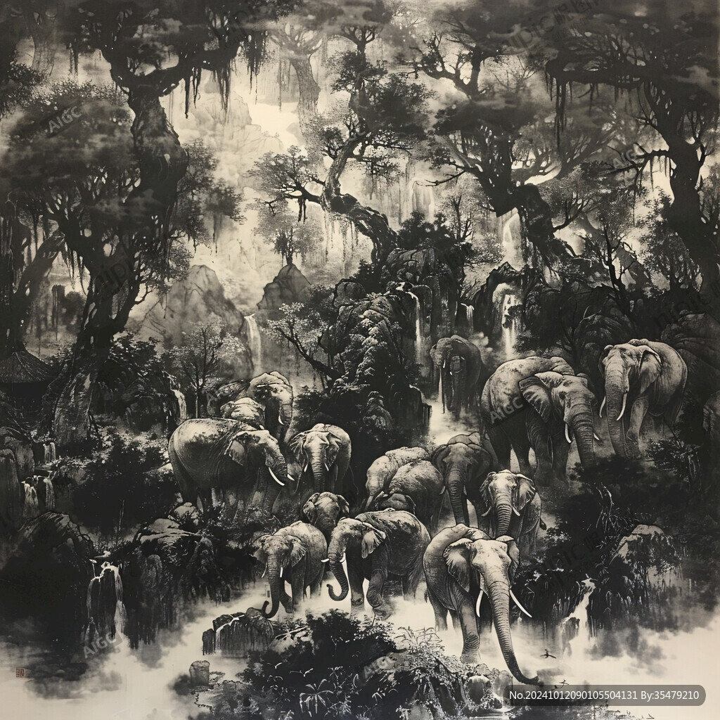 森林公园大象油画
