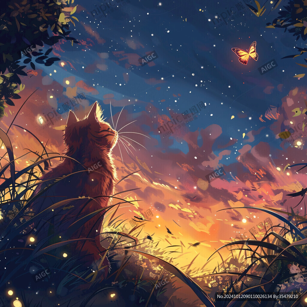 夜晚猫咪插画