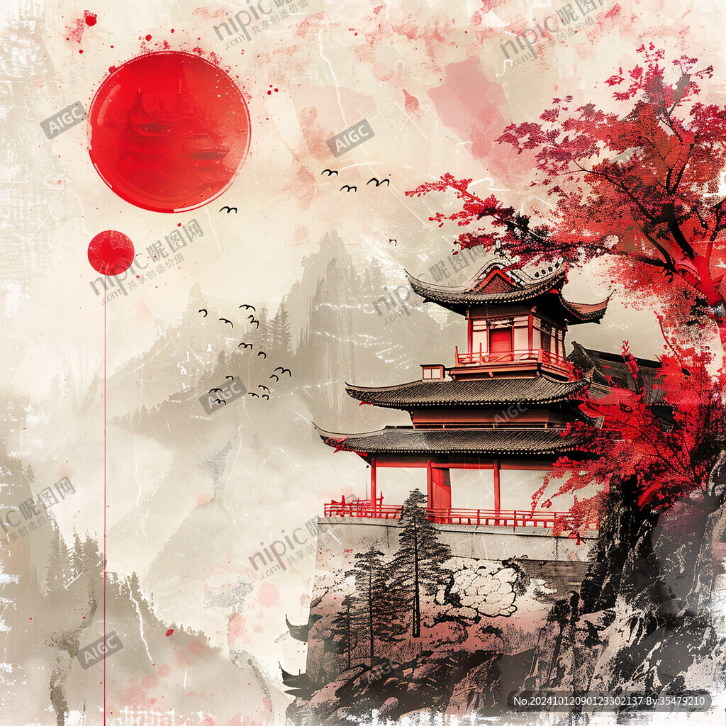 旭日东升楼阁山水画