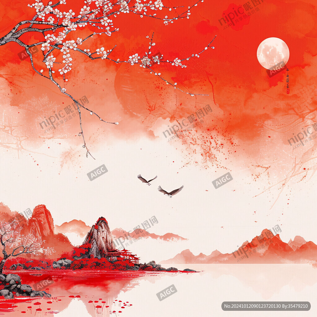 红梅花鸟山水