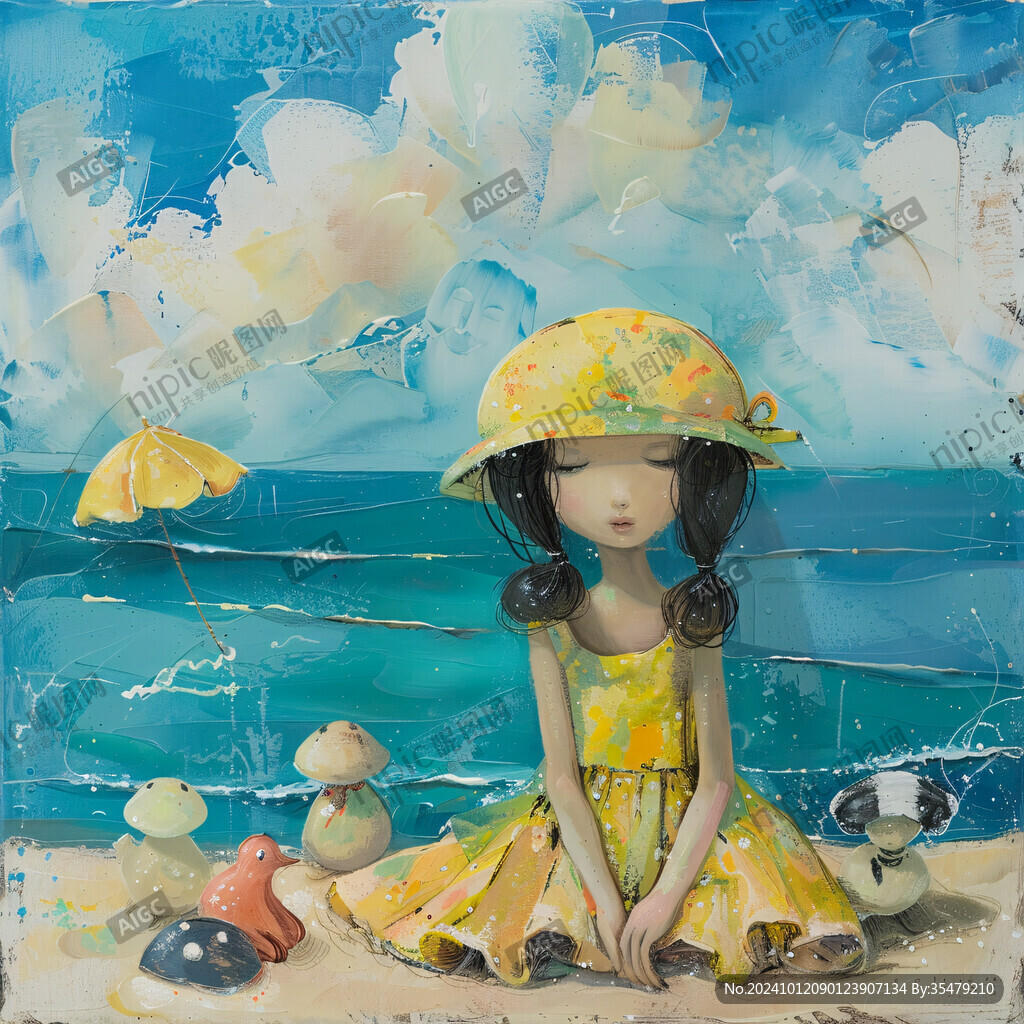 唯美小女孩海边插画