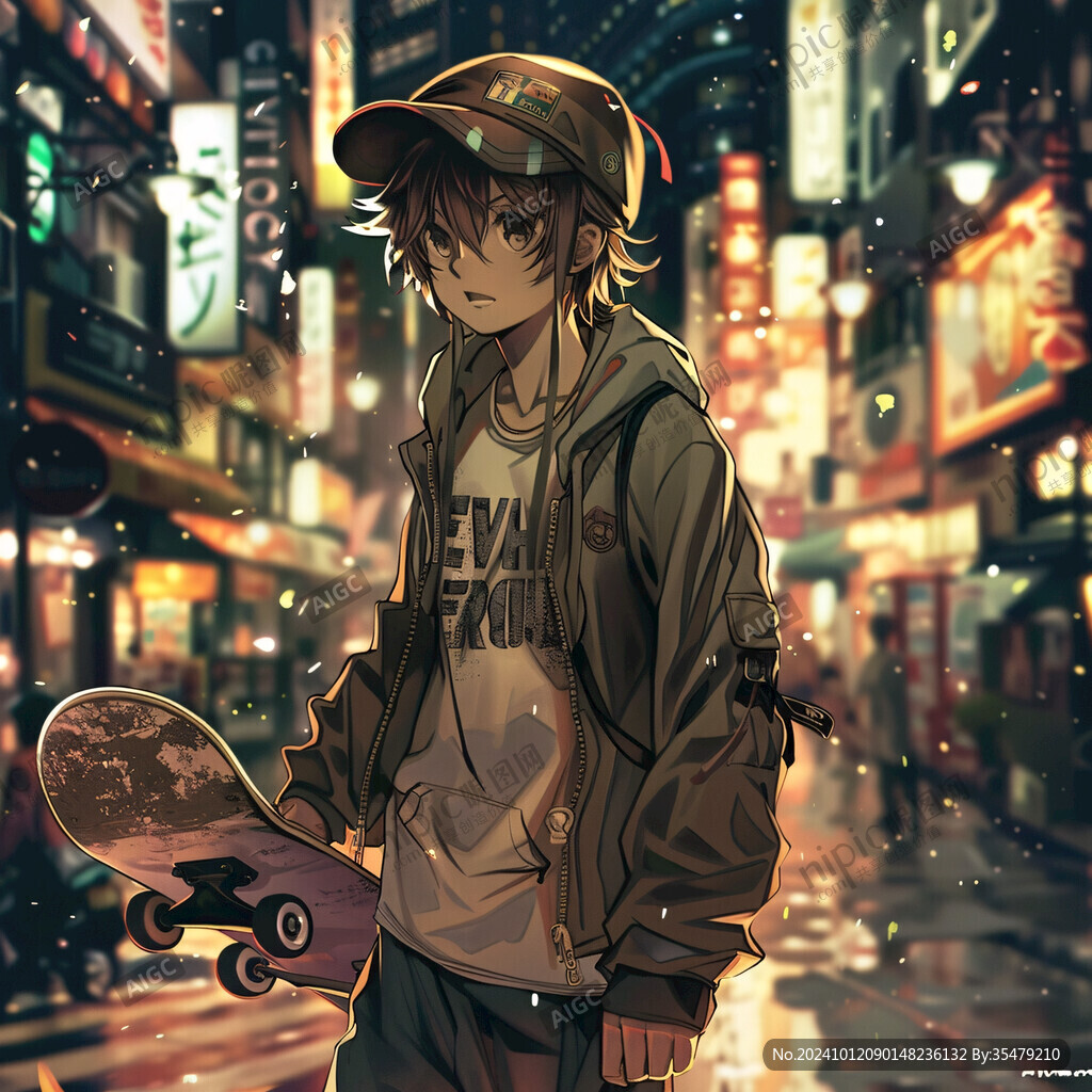 插画滑板男生