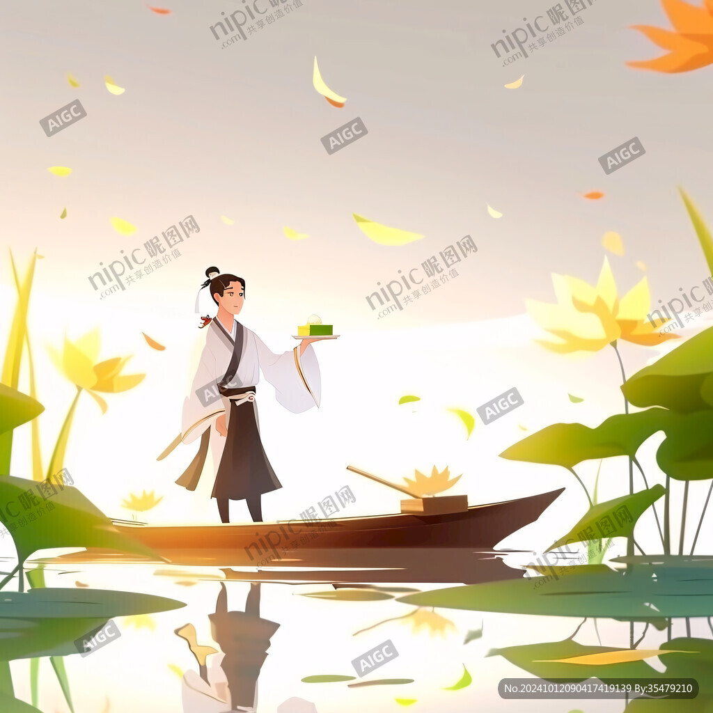 人物划船撑竹篙