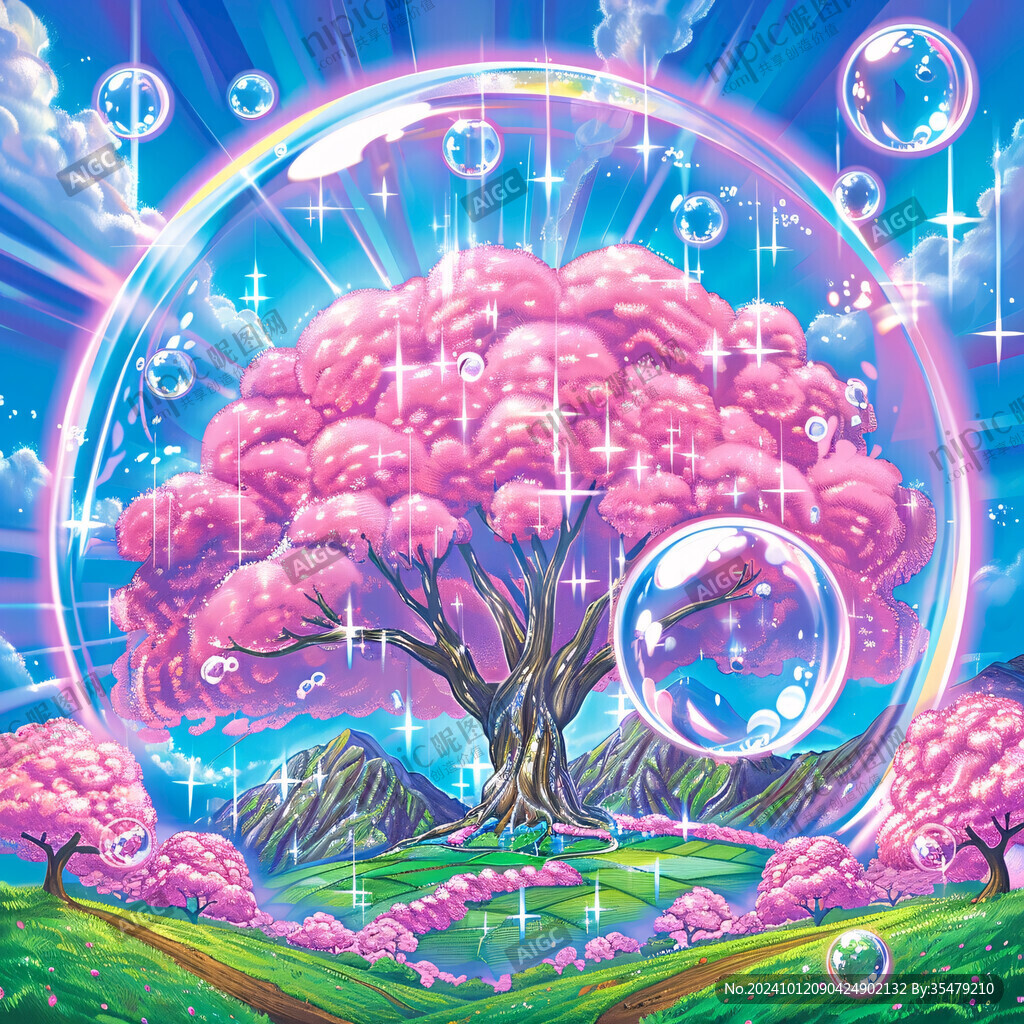 粉色的树的奇幻超现实景观