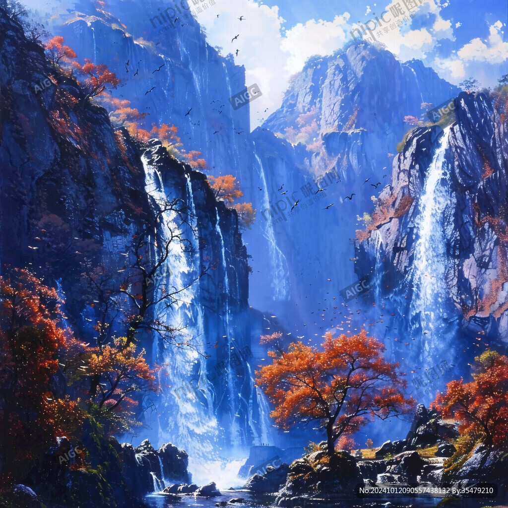 山水风景油画瀑布