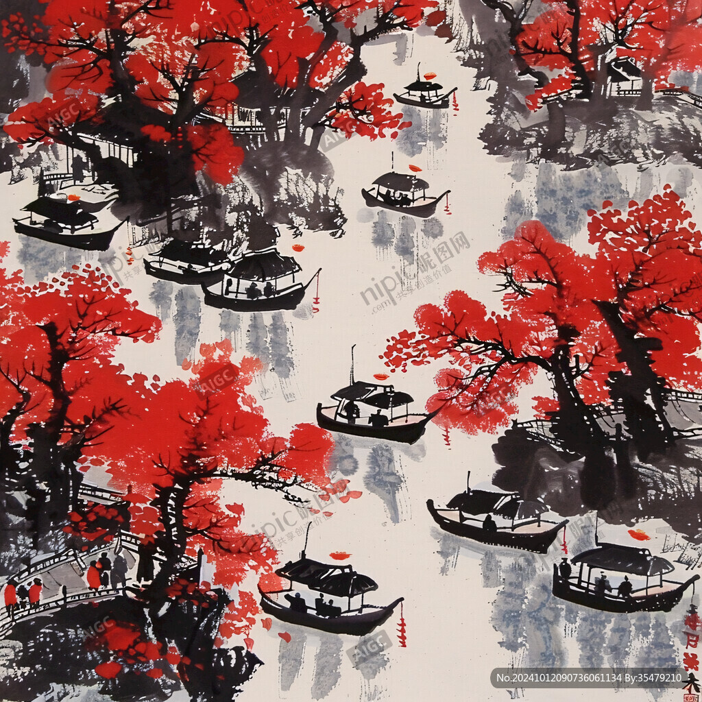 红色小舟水墨画