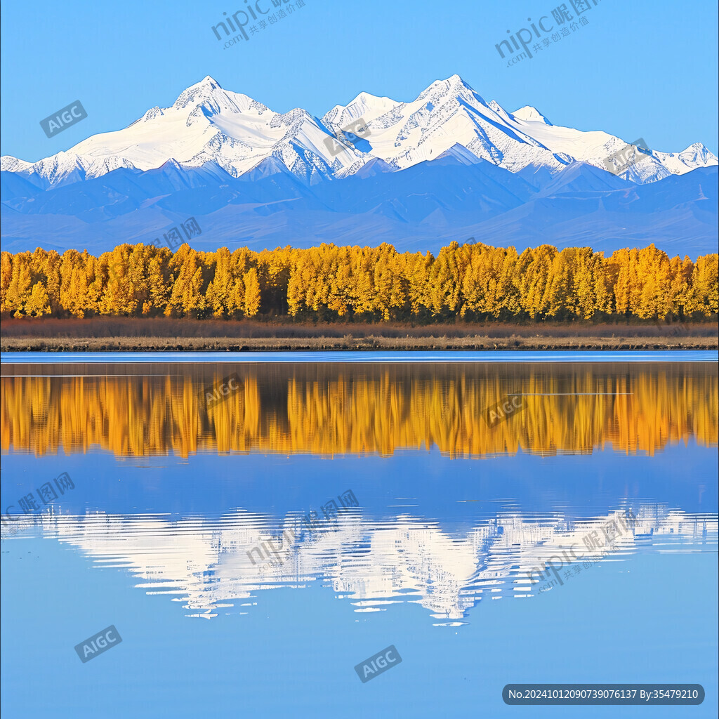 蓝色湖水金色胡杨雪山