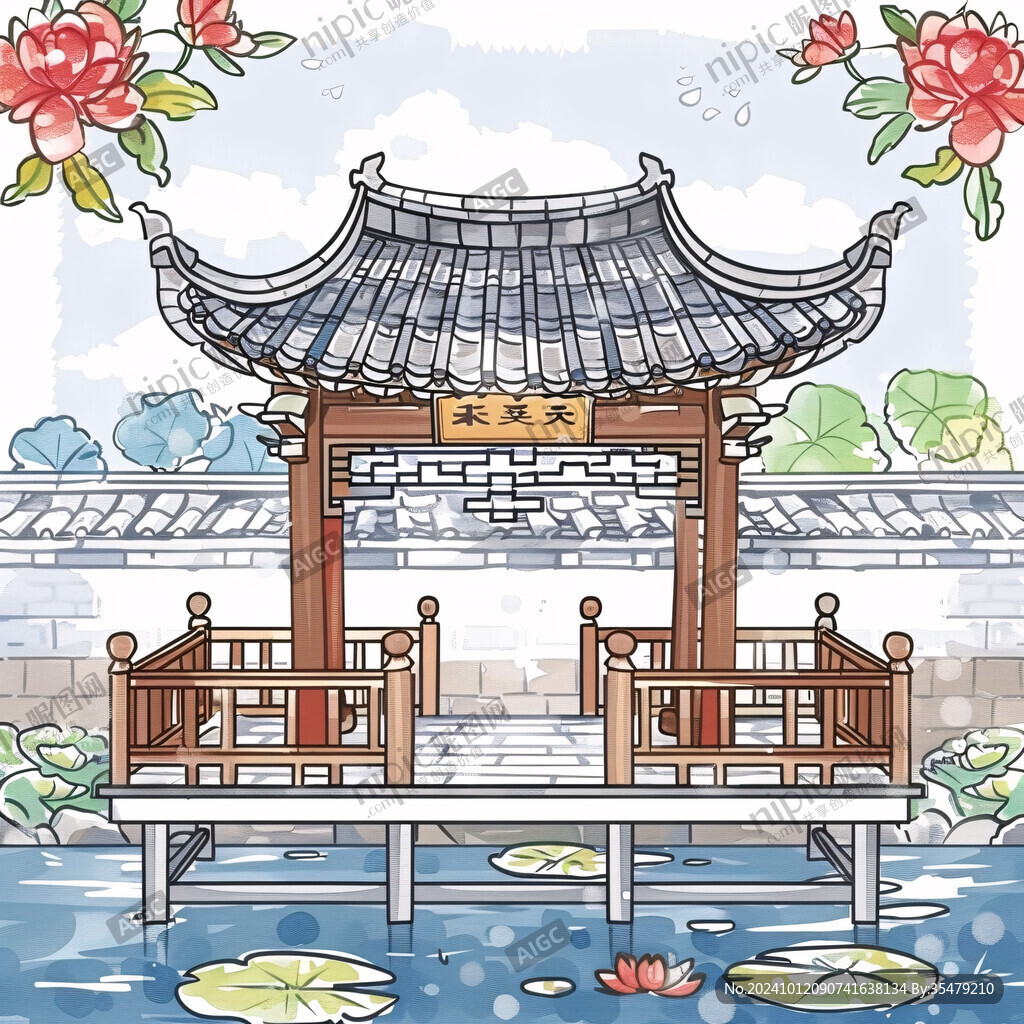 古风亭子荷叶池塘插图