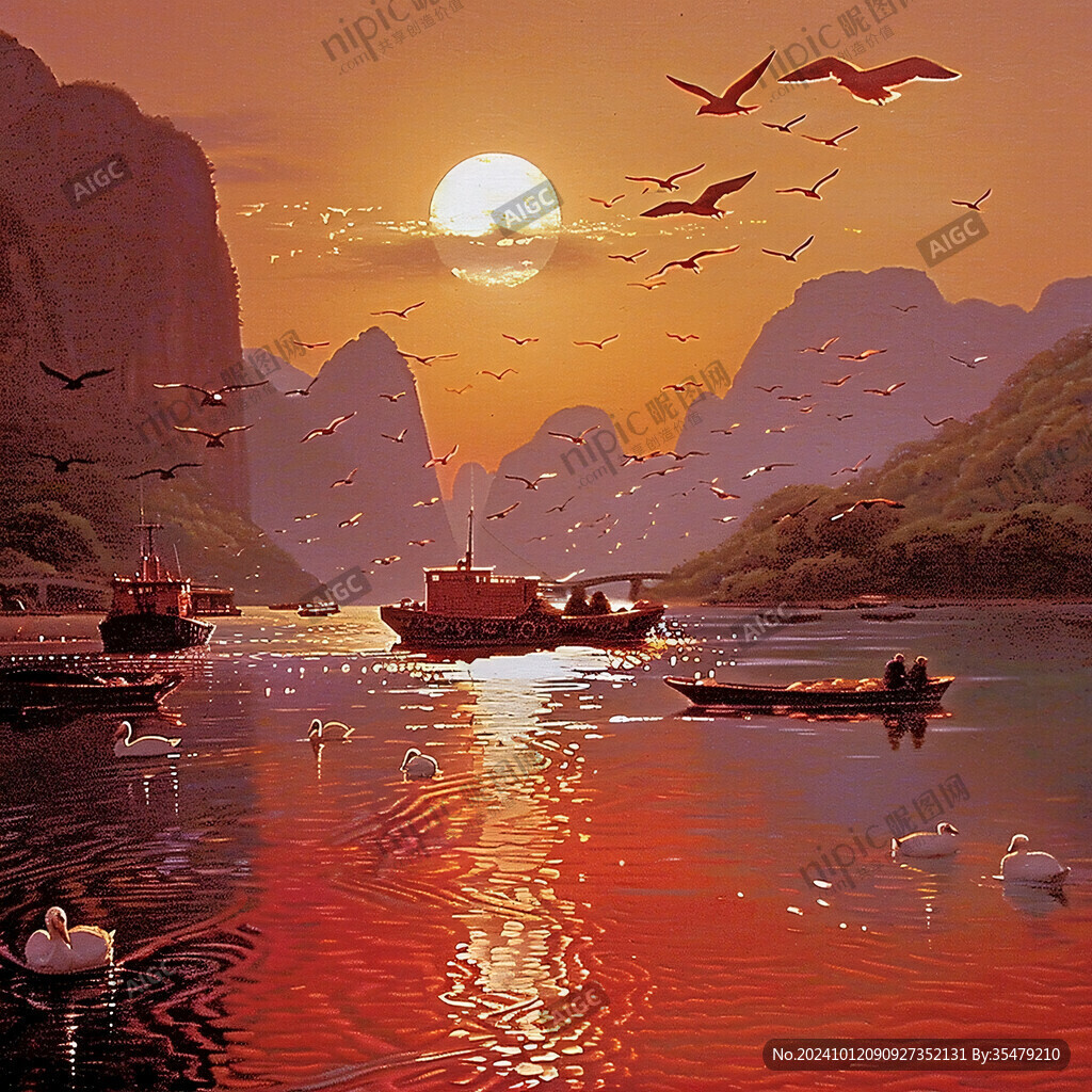 溪流小船白鹤落日山峦