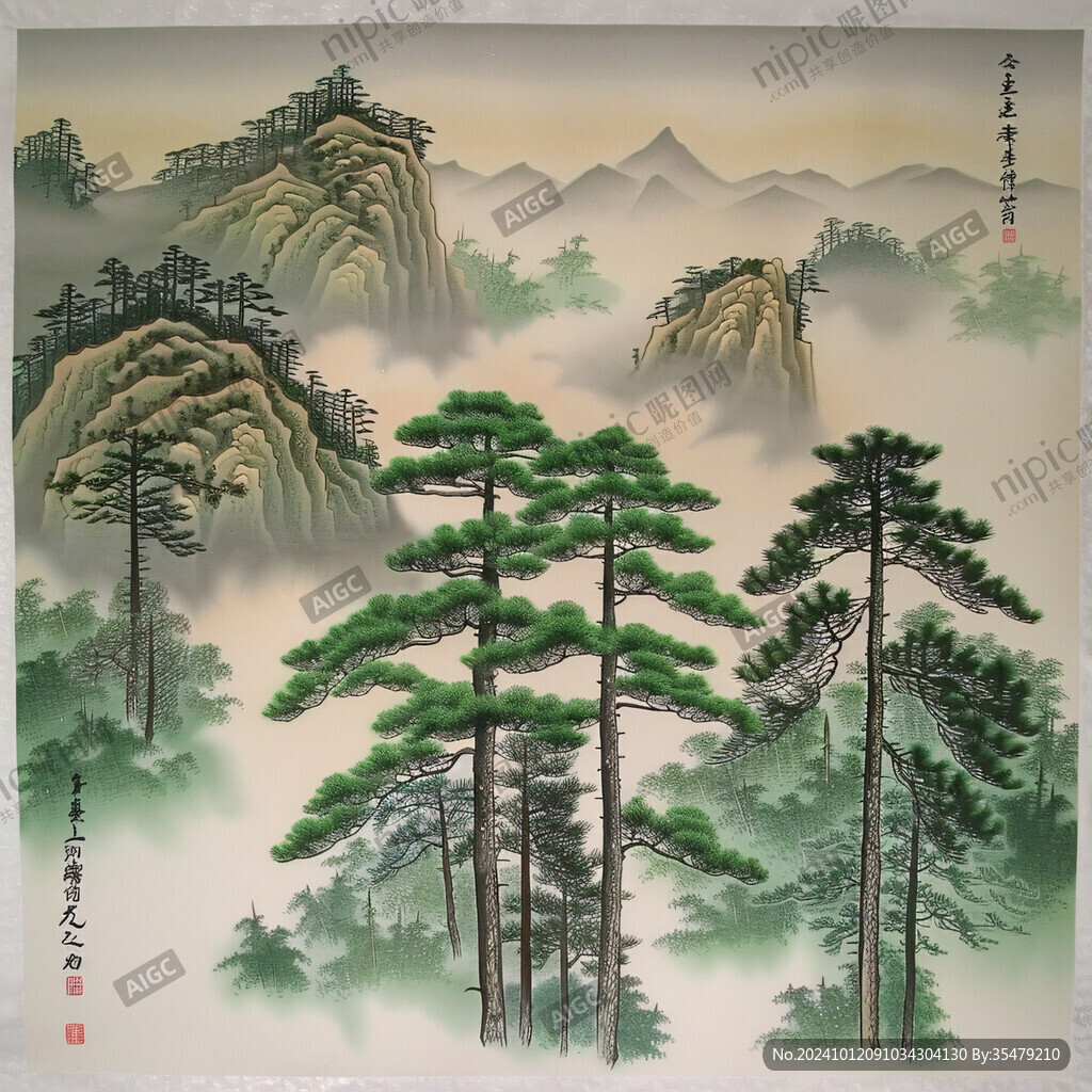 松树山峰画