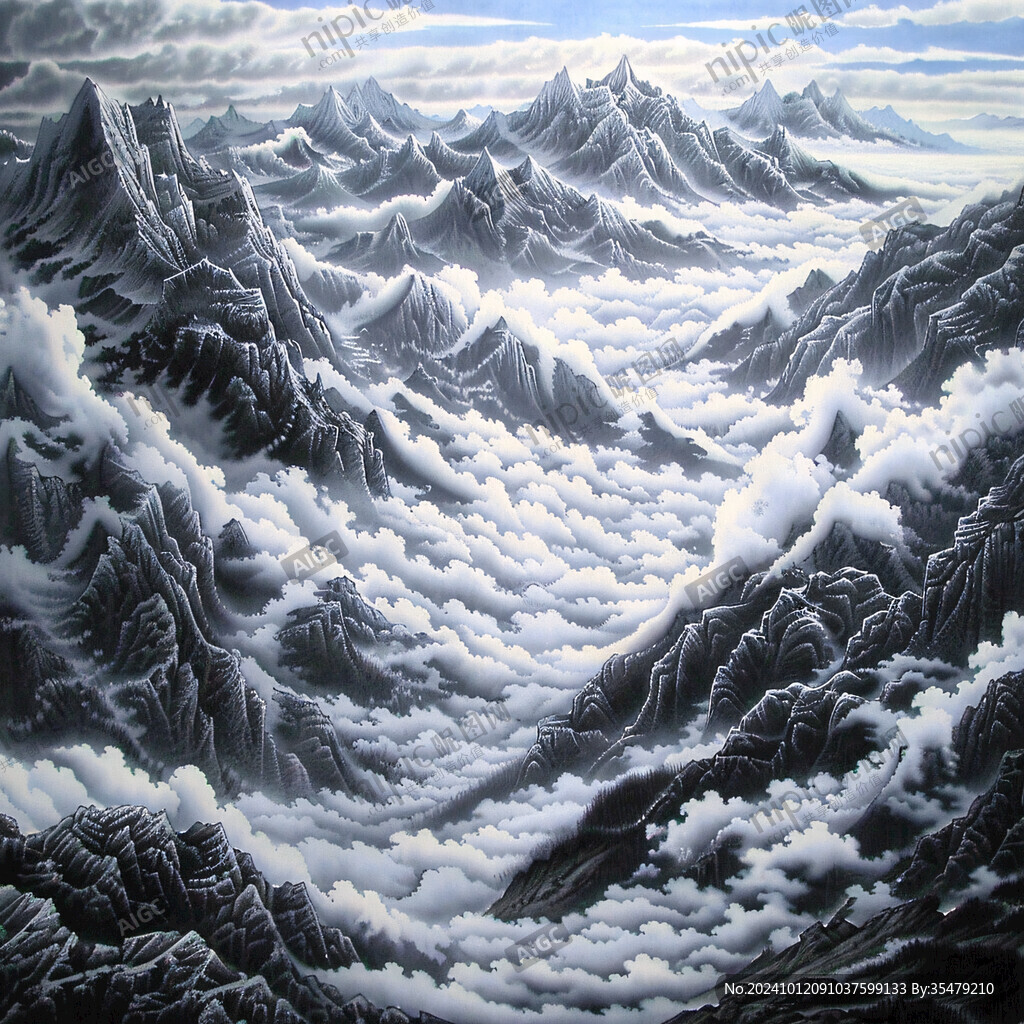 蓝色大型山水画