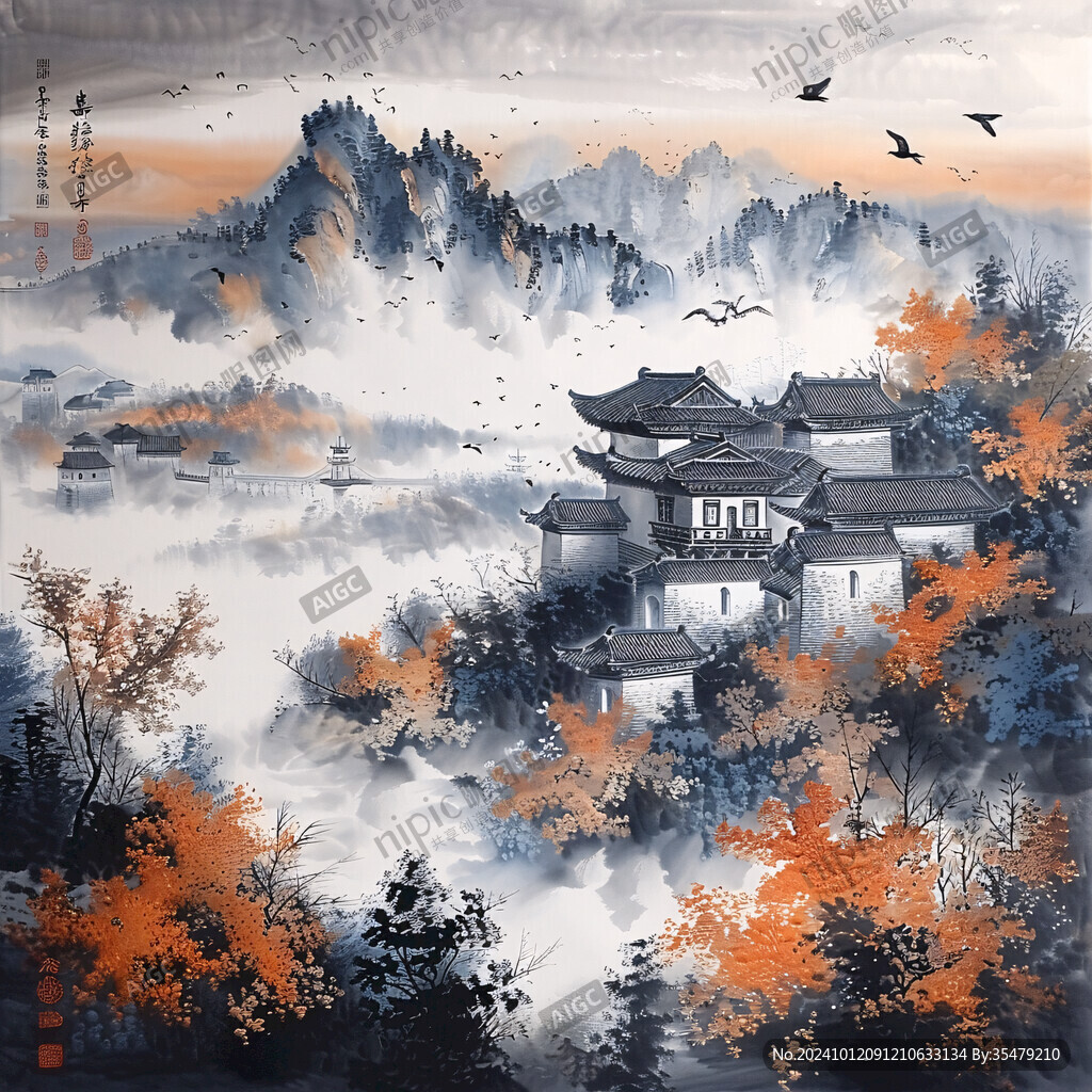 旭日东升楼阁山水画