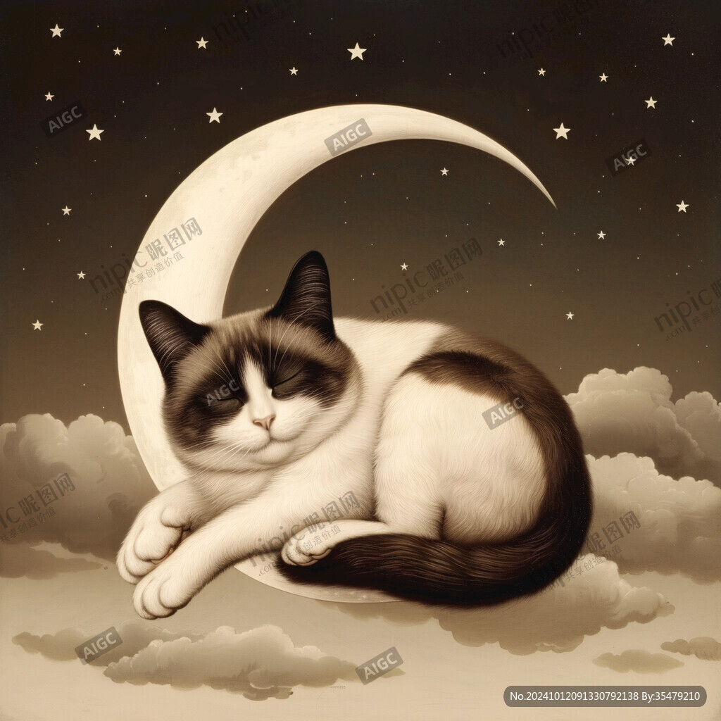 月亮上睡觉的小猫插画